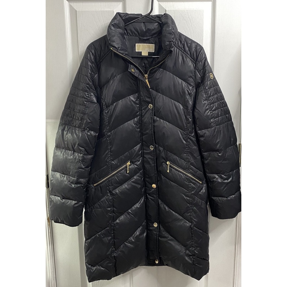 Michael Kors Women Feather/Down Fill Chevron Long Puffer Coat Black Jacket S-EUC